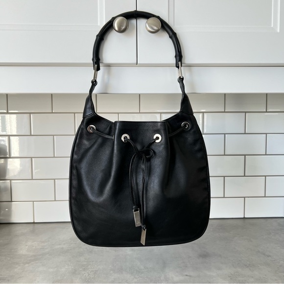 GUCCI Leather Drawstring Bamboo Handle Shoulder Bag - Picture 1 of 16